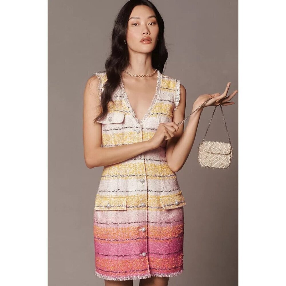 NWT Anthropologie Sleeveless Tweed Mini Dress 2 $178 Yellow Pink Sheath